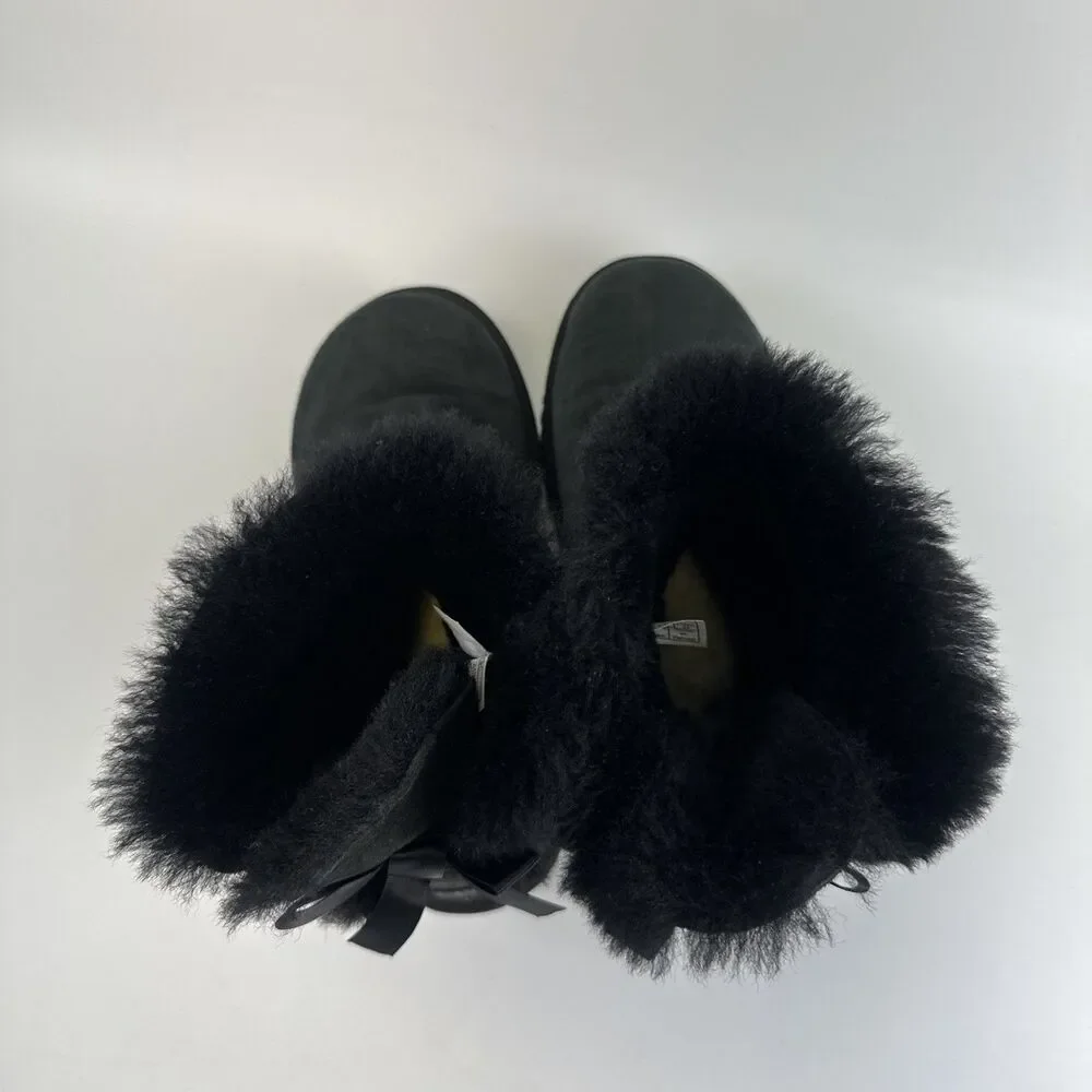 Ugg Mini Bailey Bow II Boot Ankle Black Suede Sheepskin Lined 1016501 Womens 6